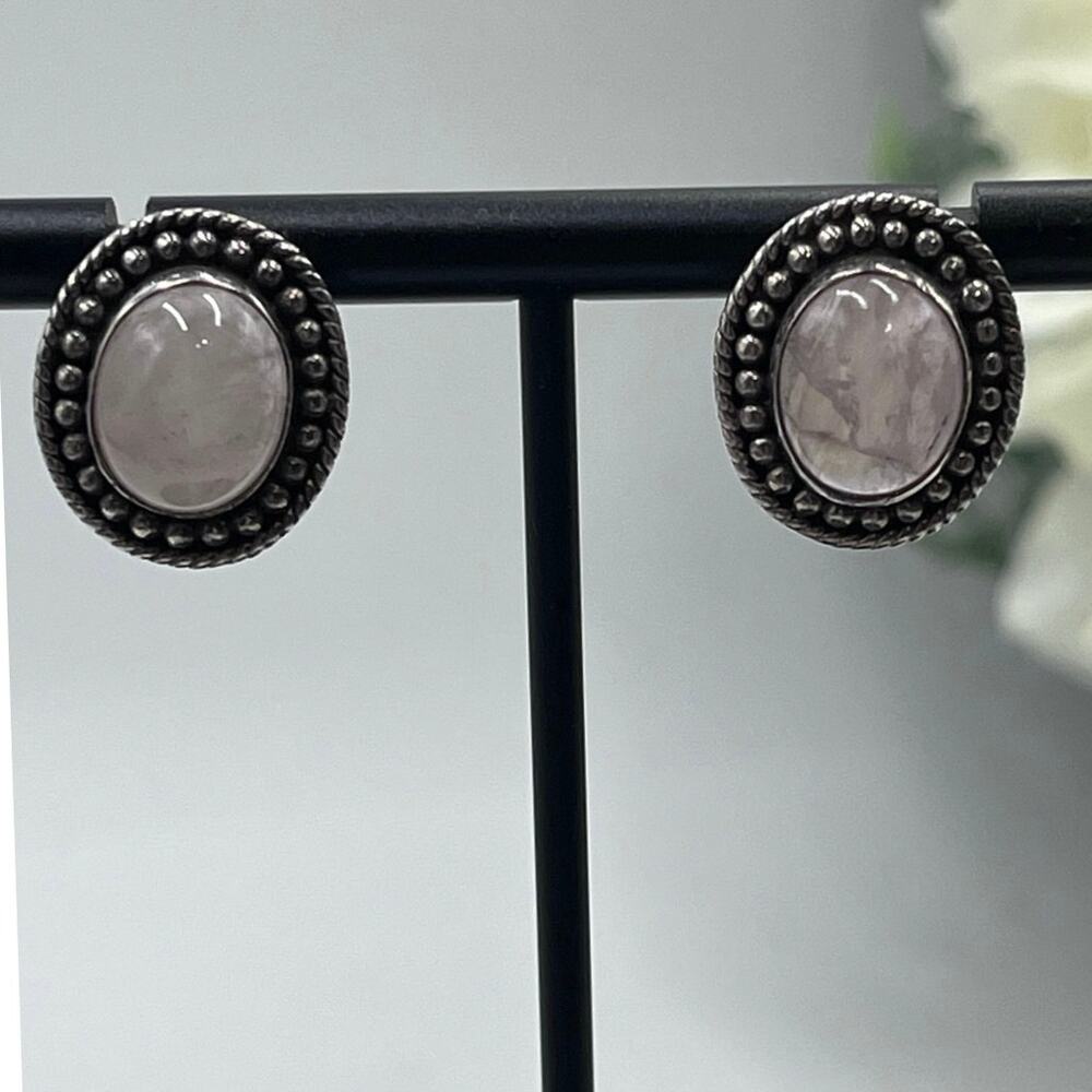 Sterling silver Rose Quartz Oval Bezel Cabochon Beading Dot Accent Stud Earrings